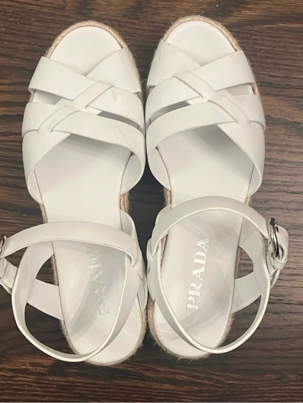 Prada White Leather Espadrille Ankle-Strap Sandals